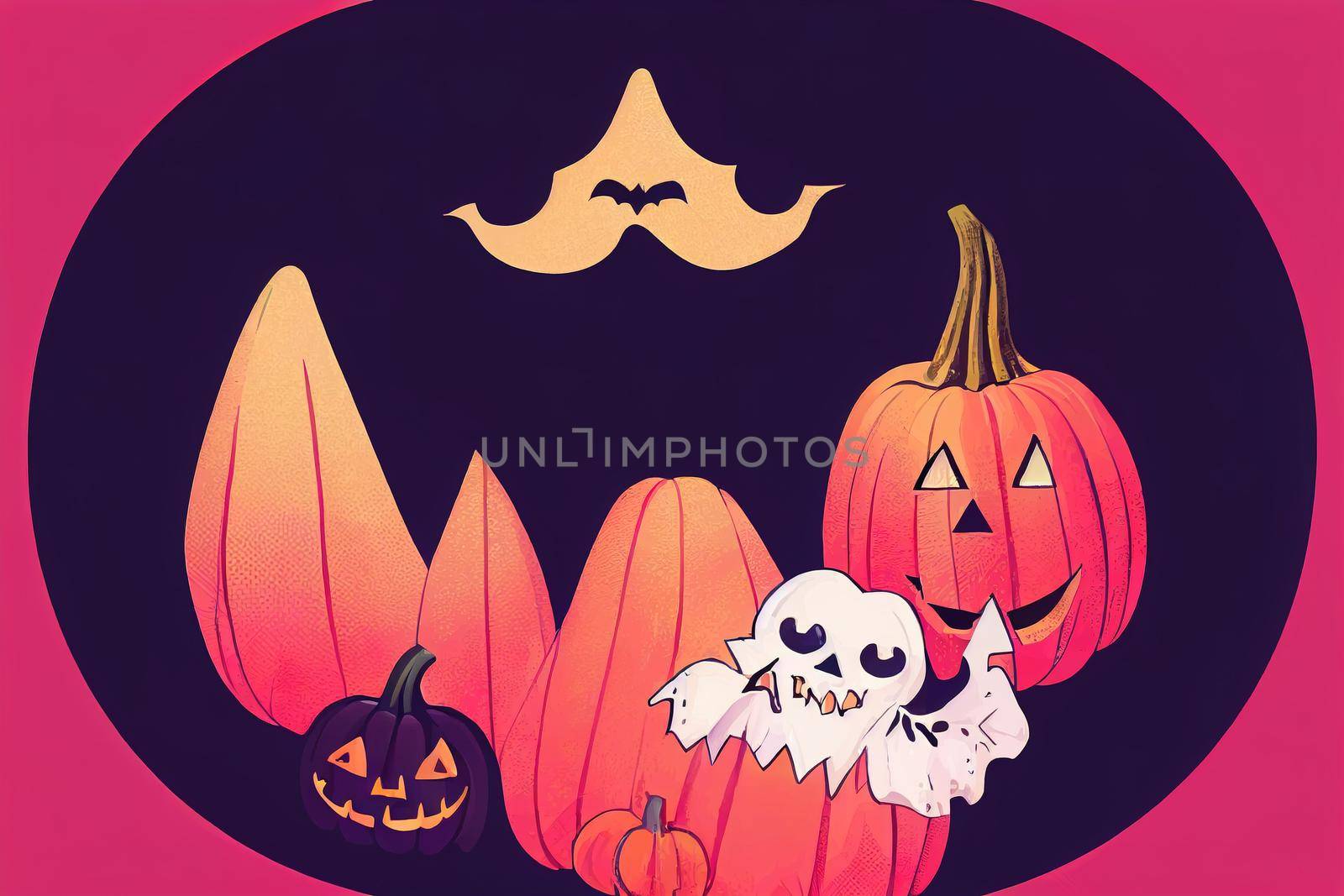 Cute Halloween Illustration with Pumpkin Surrounded by Ghosts and Bats, Isolated on Pink Background, Hand Drawn Simple Design, Ideal for Posters, Cards, Wall Art or Clothes, painting v3