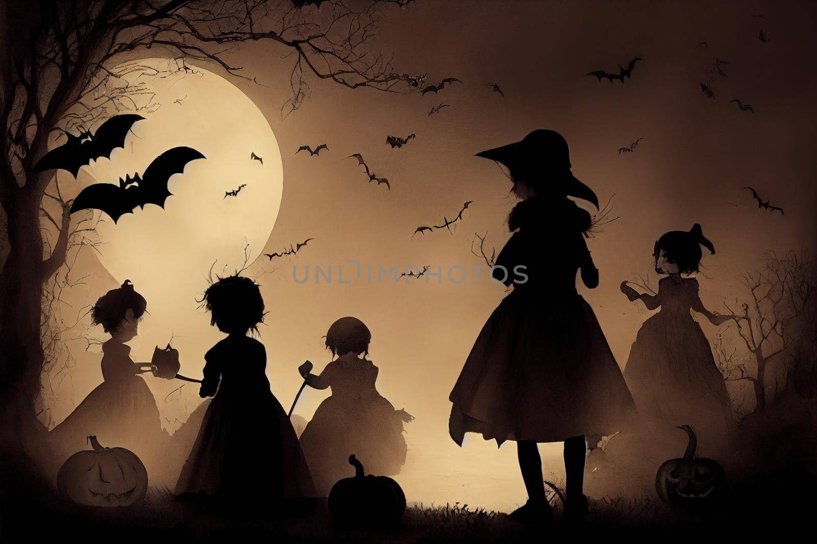 Composition of silhouette children in the halloween night by 2ragon