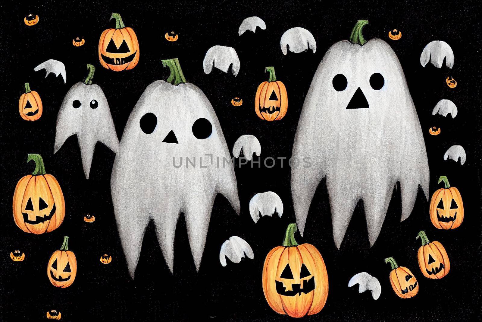 Cute Hand Drawn Halloween Cards and Pattern, Little White Ghost on a Black Background, Happy Halloween, Trick or Treat, Sweet Little Pumpkins and White Funny Skulls, Gravestone with Boo inscription v2