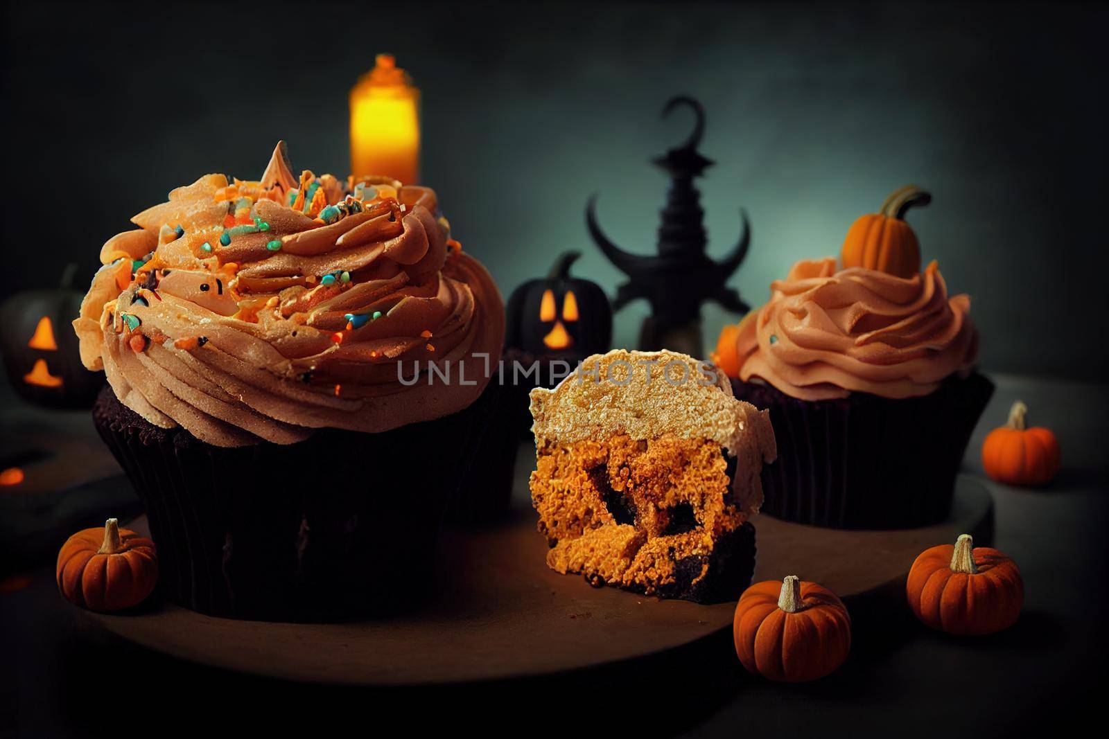cupcake and pumpkin on a dark background, sweets for the celebration of Halloween v1