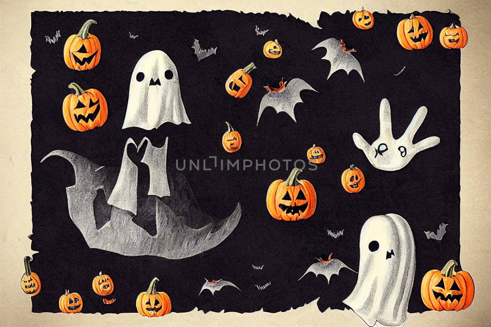 Cute Hand Drawn Halloween Cards and Pattern, Little White Ghost on a Black Background, Happy Halloween, Trick or Treat, Sweet Little Pumpkins and White Funny Skulls, Gravestone with Boo inscription v3