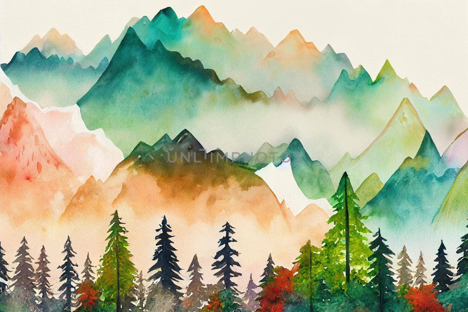 Collection of watercolor forest landscapes and mountain view, hand drawn isolated illustration on white background anime style, cartoon style toon style v1