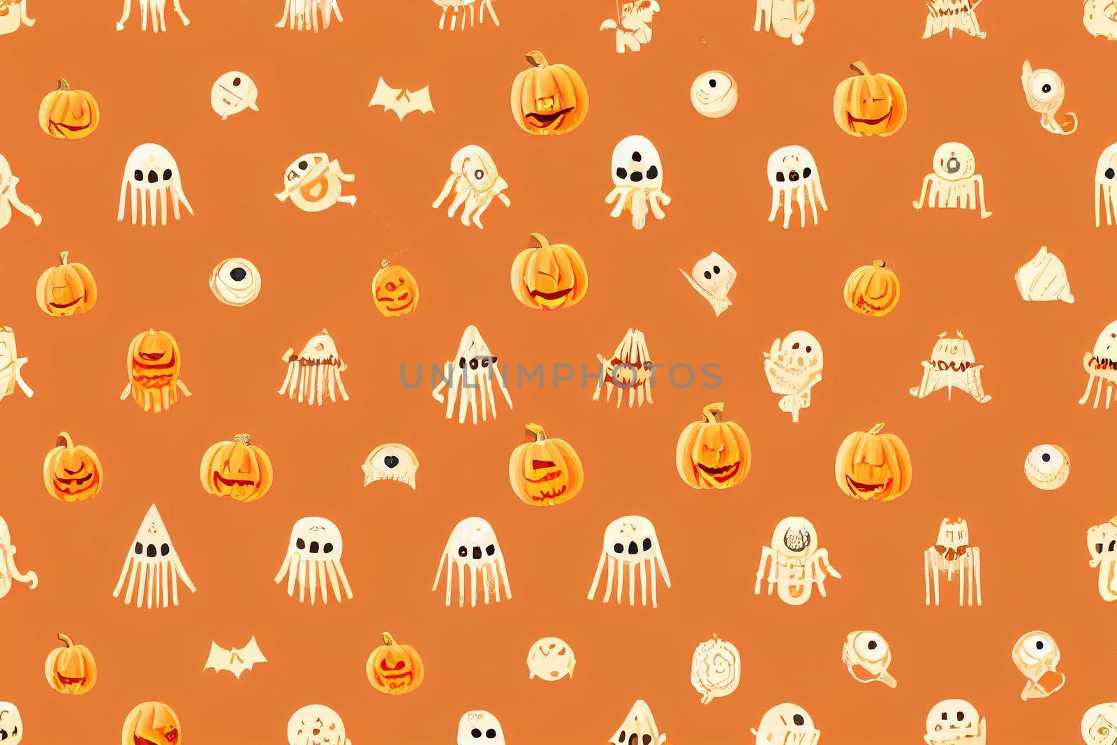 Cute spooky orange pumpkin, skeleton, bat, lollipop and candy pattern, Halloween holidays cartoon character set, Trick or treat background, painting, illustration, drawing v2