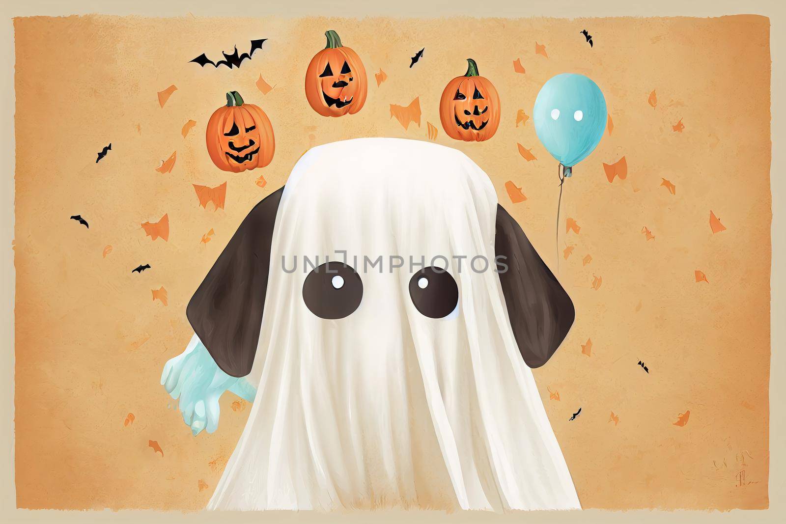 dog in a ghost costume holding a happy halloween sign 2d style, illustration, design v1