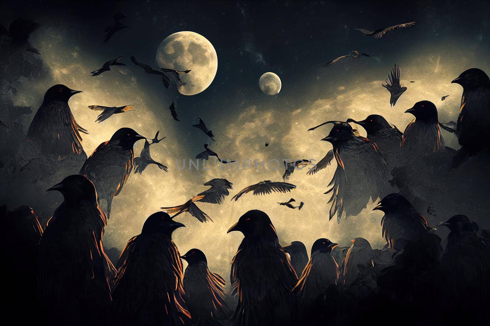 Dramatic mystical background - glowing full moon rises, flock of crows flies in dark sky, Elements of this image furnished by NASA 2d style, illustration, design v2