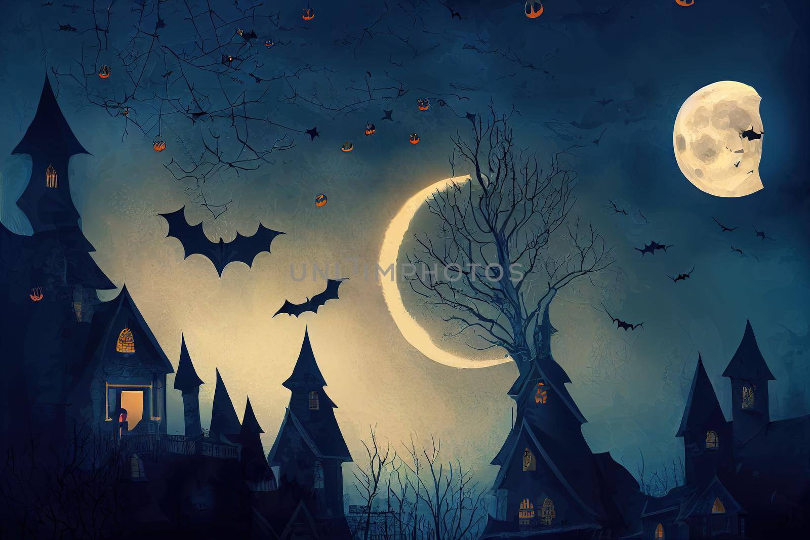 Dark Halloween background with Moon on blue sky, spiders and bats, illustration, 2d style, illustration, design v3