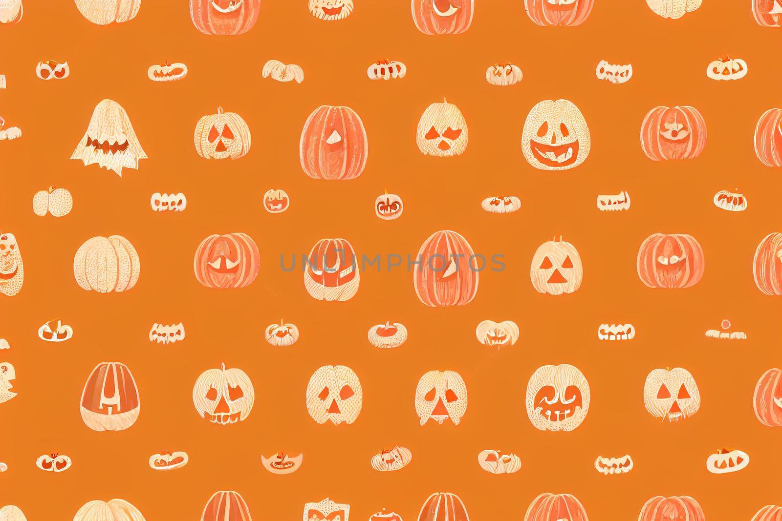 Cute spooky orange pumpkin, skeleton, bat, lollipop and candy seamless pattern, Halloween holidays cartoon character set, Trick or treat background, painting, illustration, drawing v1