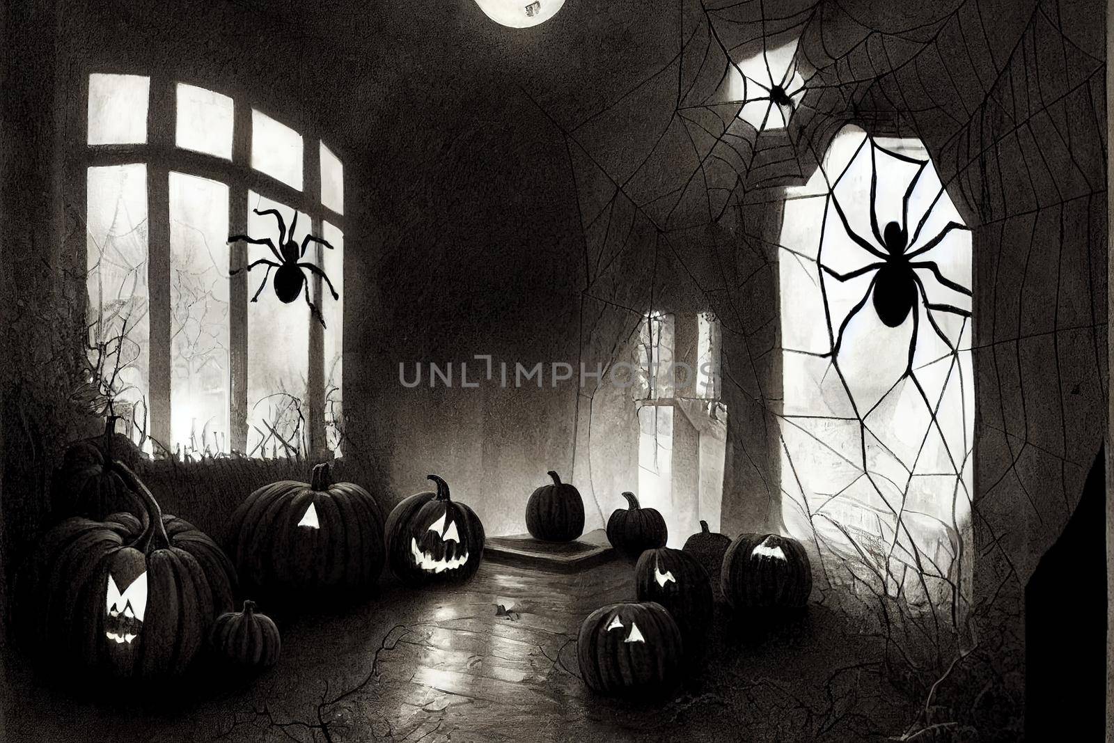 Dark interior of the house decorated for Halloween pumpkins, webs and spiders by 2ragon