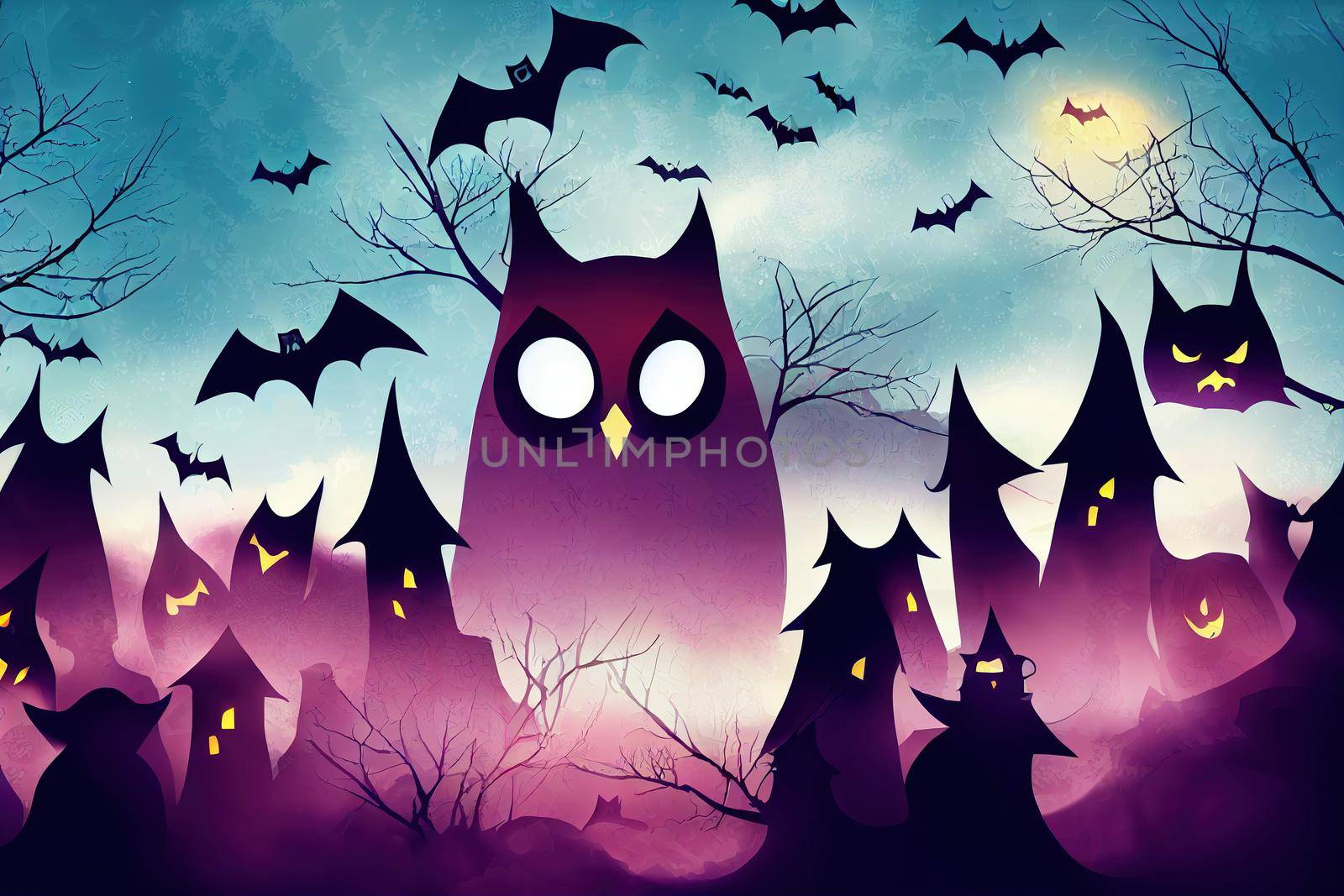 Dark magic light in fog Halloween background with bats and owls by 2ragon