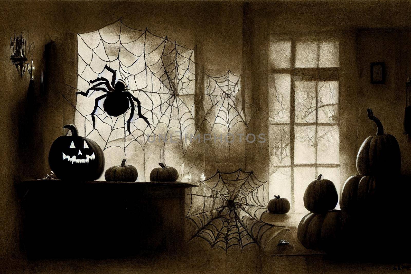 Dark interior of the house decorated for Halloween pumpkins, webs and spiders by 2ragon