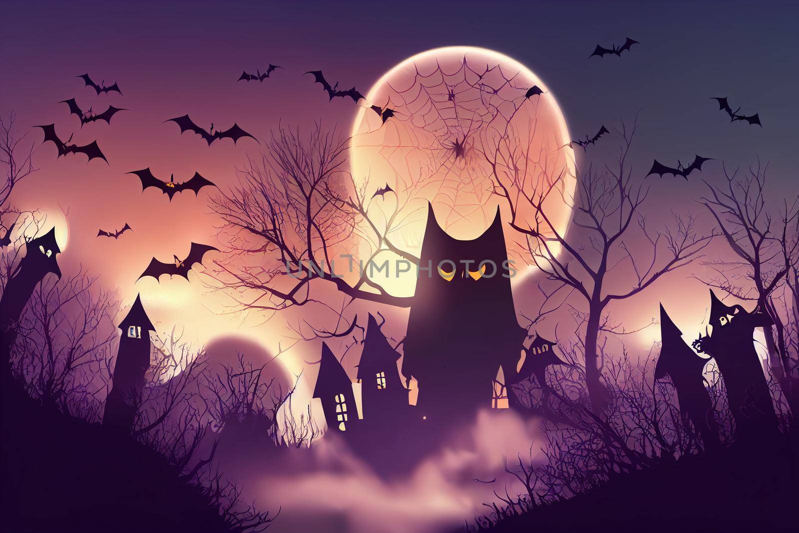 Halloween background with bats and owls cartoon style by 2ragon