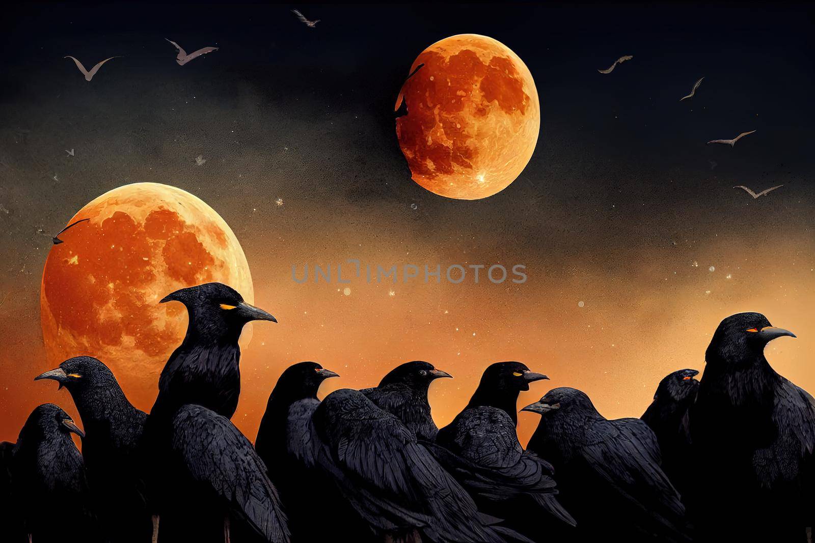 Dramatic mystical background - glowing full moon rises, flock of crows flies in dark sky, Elements of this image furnished by NASA 2d style, illustration, design v1