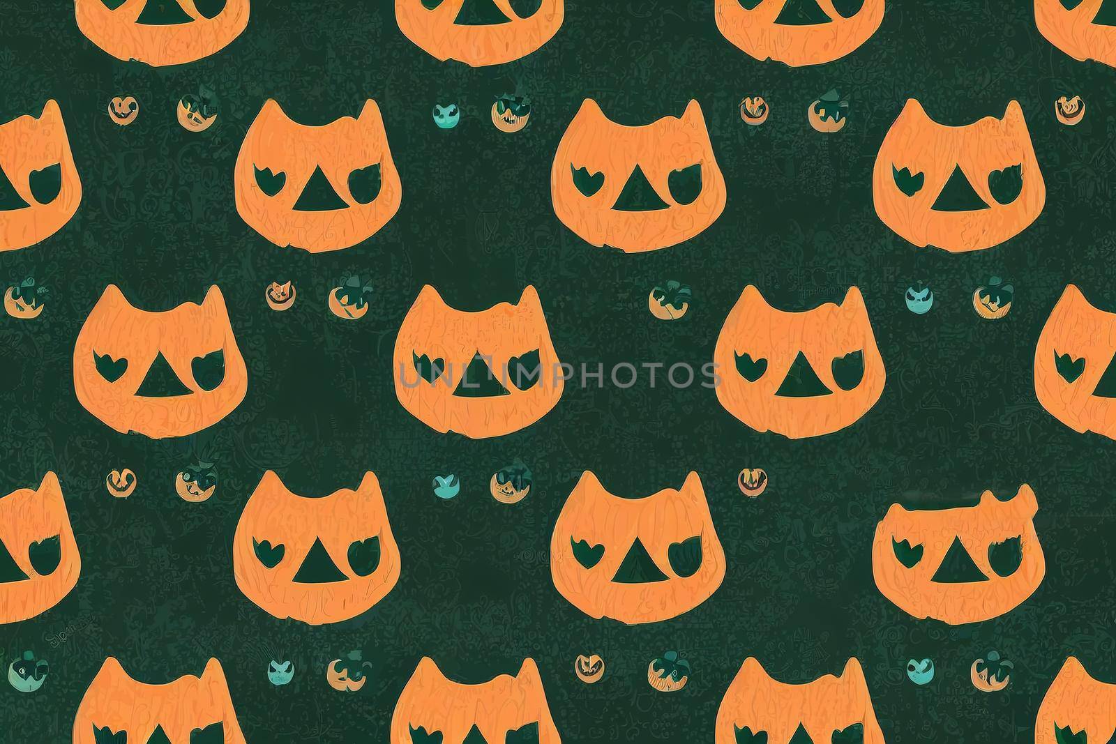 Cute seamless pattern of Halloween cat,pumpkin,skull,heart shapes on green,happy Halloween concept illustration,design for texture,fabric,clothing,decoration,wrapping,print,cartoon character v3