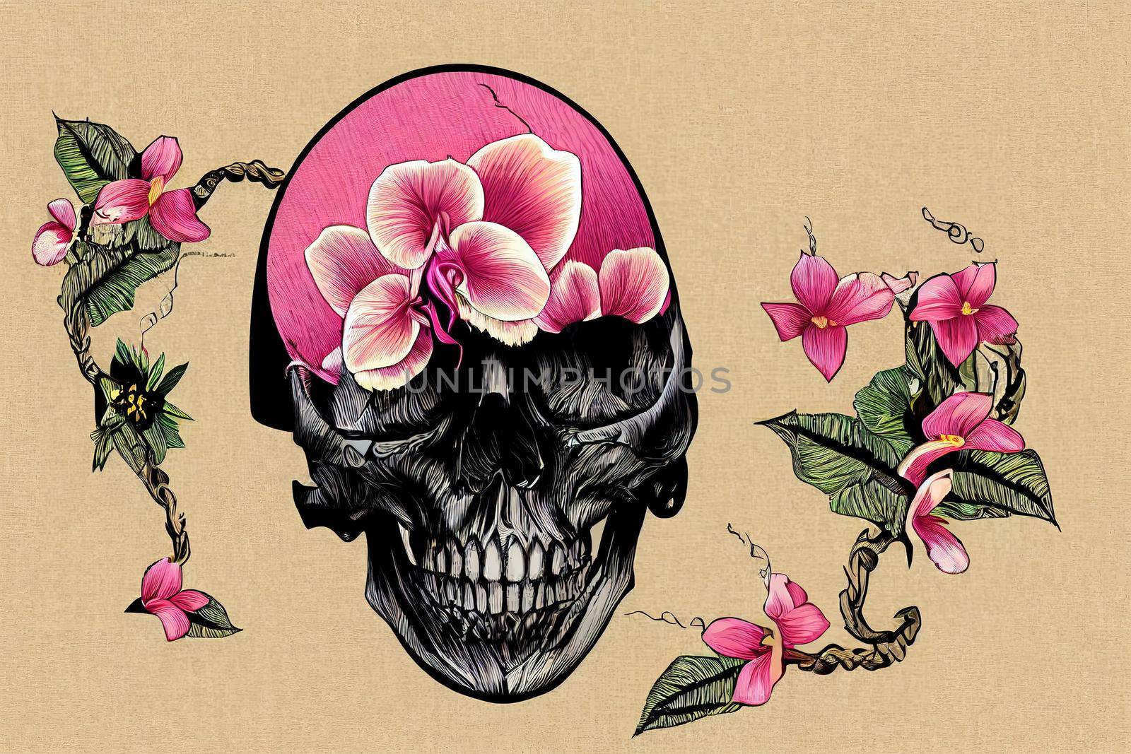 Embroidery human skull and pink orchid flowers, Halloween pattern, Medieval style, Tropical background, Fashion clothes template and t-shirt design, Dark gothic art , Hand drawn v1