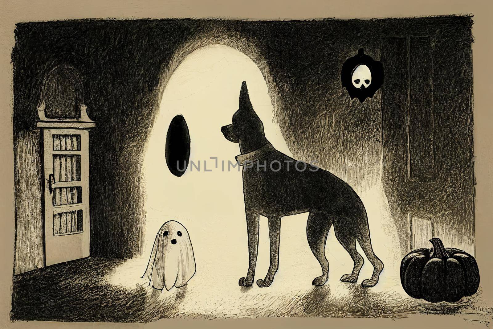 dog sitting as a ghost for halloween in front of the door by 2ragon