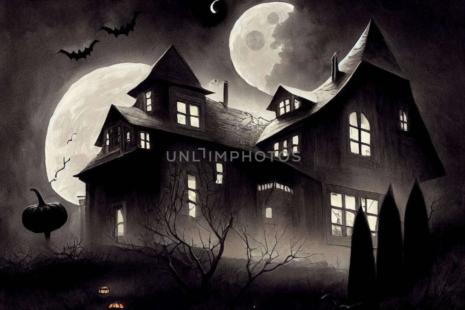 Dark halloween house with moon painting, illustration by 2ragon