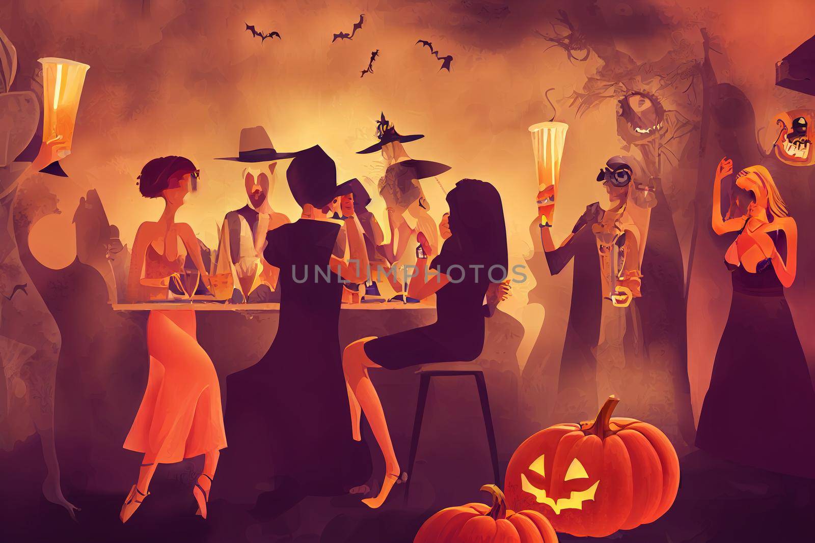 Friends in Halloween Costumes Drinking Cocktails, Group of Young Happy People by 2ragon