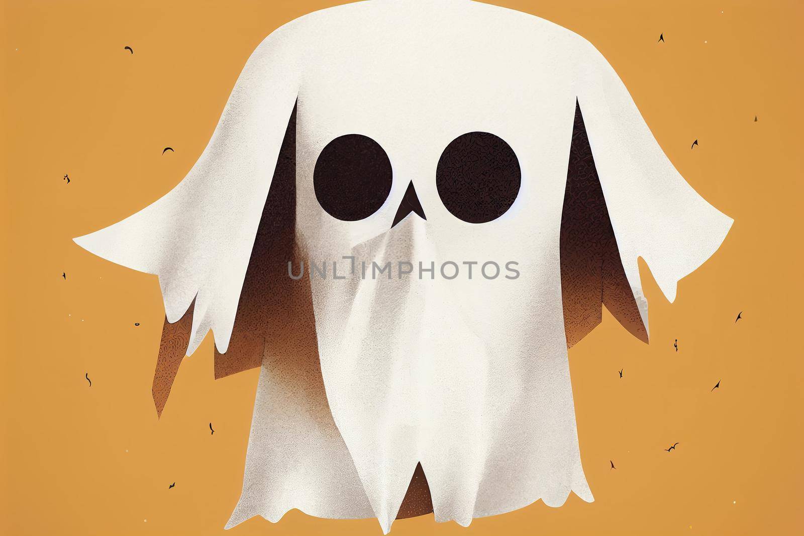 dog in a ghost costume holding a happy halloween sign 2d style, illustration, design v3