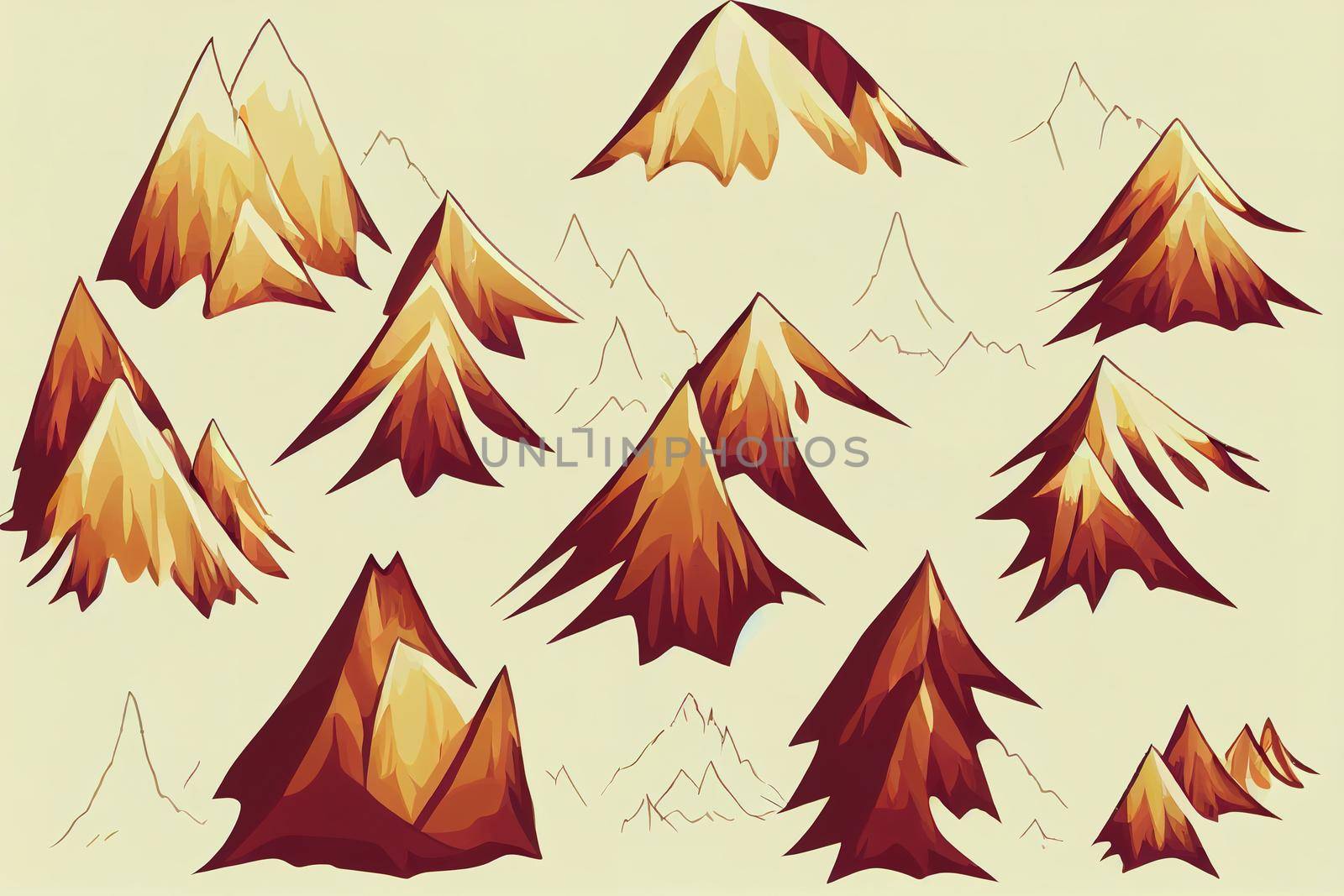 forest and mountain icon, hand drawn set anime style by 2ragon
