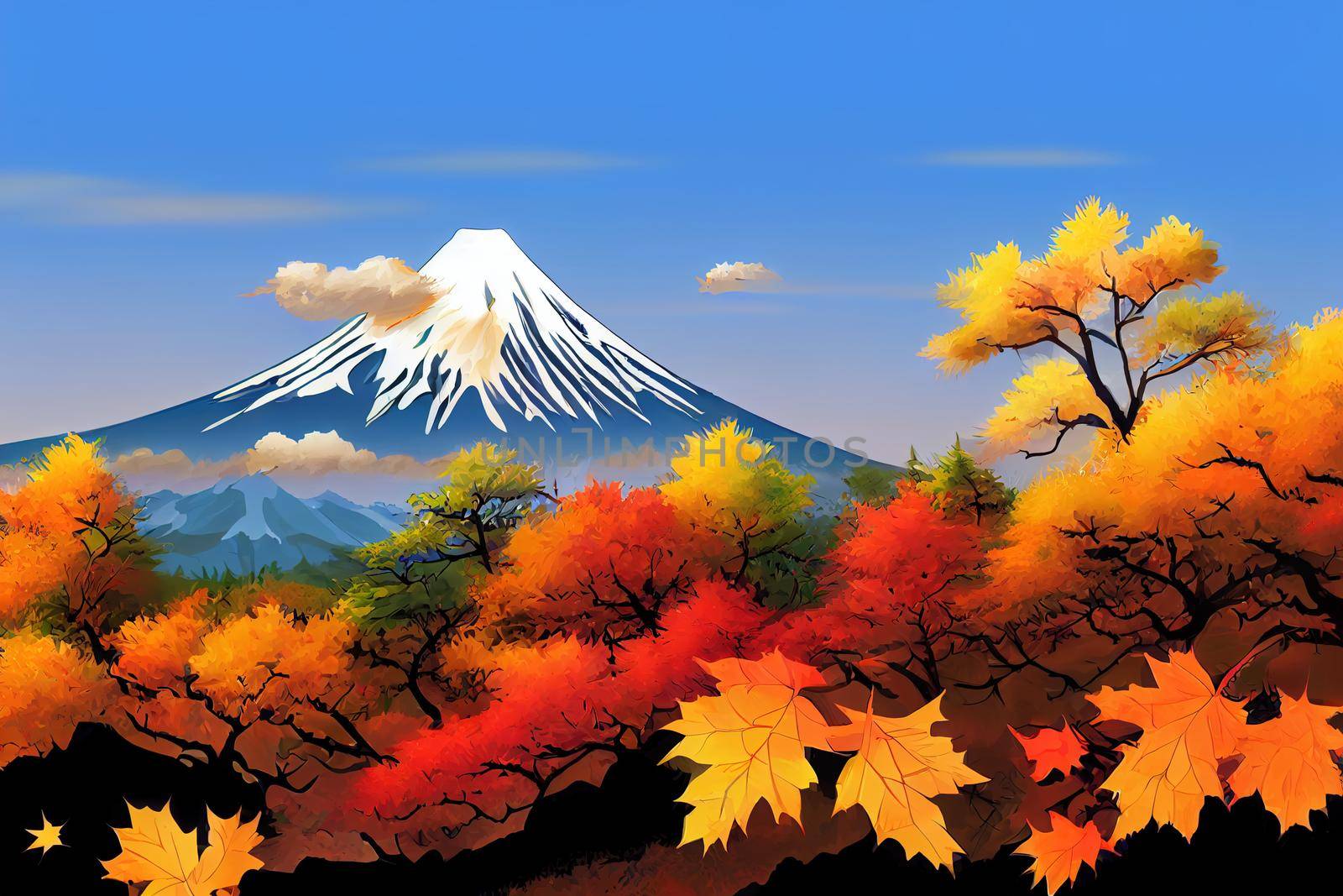 Mt, Fuji with fall colors in Japan, anime style by 2ragon