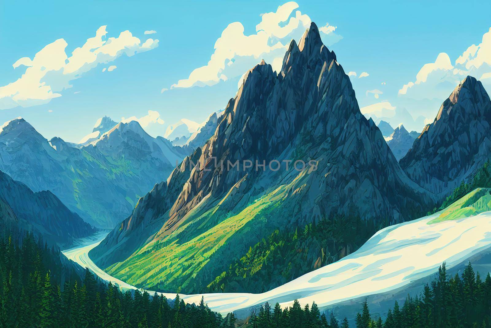 Picturesque mountain valley scenic view, Marvelous mountain range, Altai mountains, Belukha Mountain wall view, Akkem glacier anime style, cartoon style toon style
