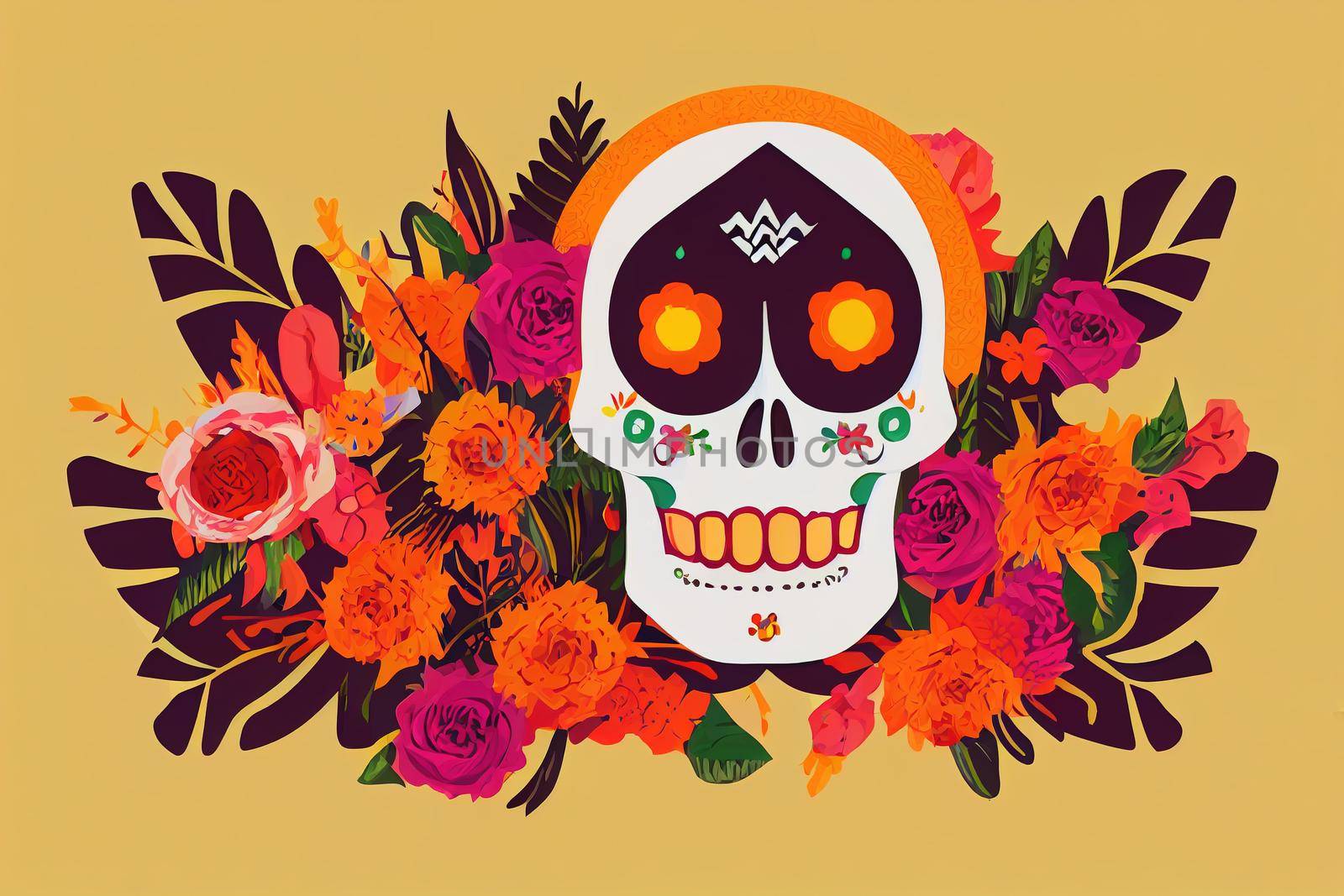 Day Of Dead Traditional Mexican Halloween Dia De Los Muertos Holiday Party Decoration Banner Invitation Flat Illustration 2d style, illustration, design v1