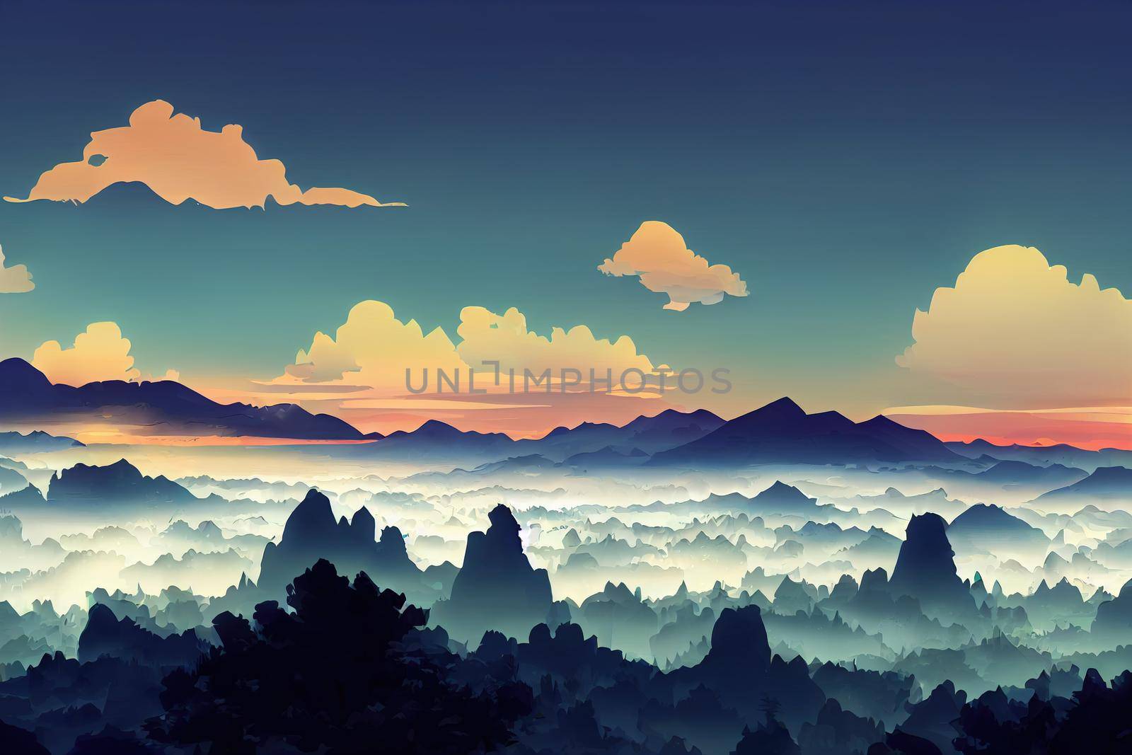 Panorama of sea of clouds around mountain peaks at sunrise by 2ragon