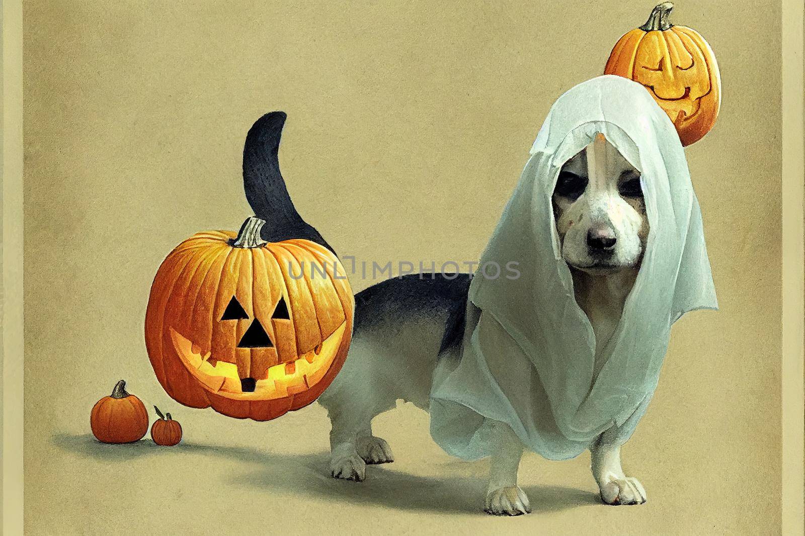 dog in a ghost costume holding a pumpkin in mouth painting by 2ragon