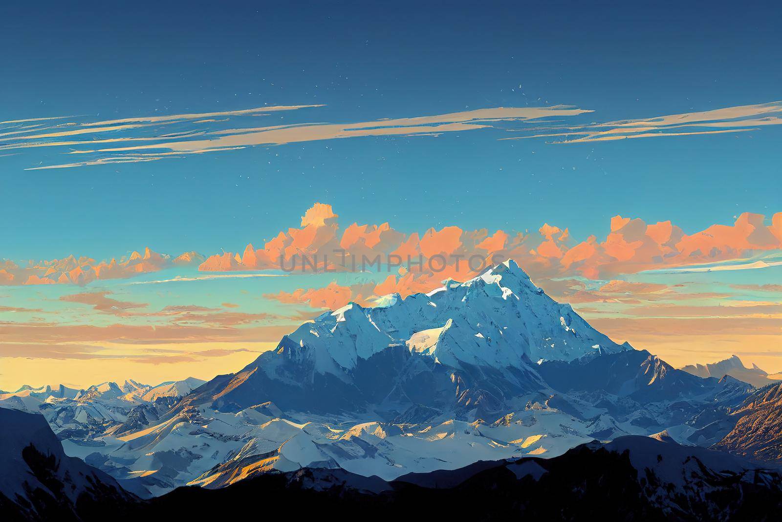 Mt, Elbrus glacier against Caucasus mountains in the evening before sunset, Panoramic view from Bochki refuge, Prielbrusie national park, Kabardino-Balkaria, Russia anime style v2