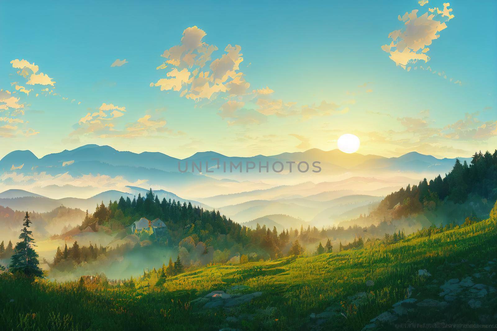 Foggy morning panorama of mountains valley, Splendid summer sunrise by 2ragon
