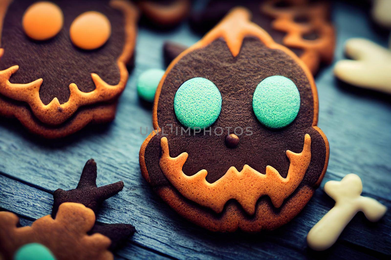 Fresh halloween gingerbread cookies on blue wooden table v1