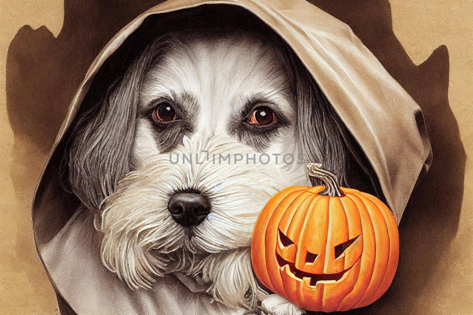 dog in a ghost costume holding a pumpkin in mouth painting, illustration, drawing v2