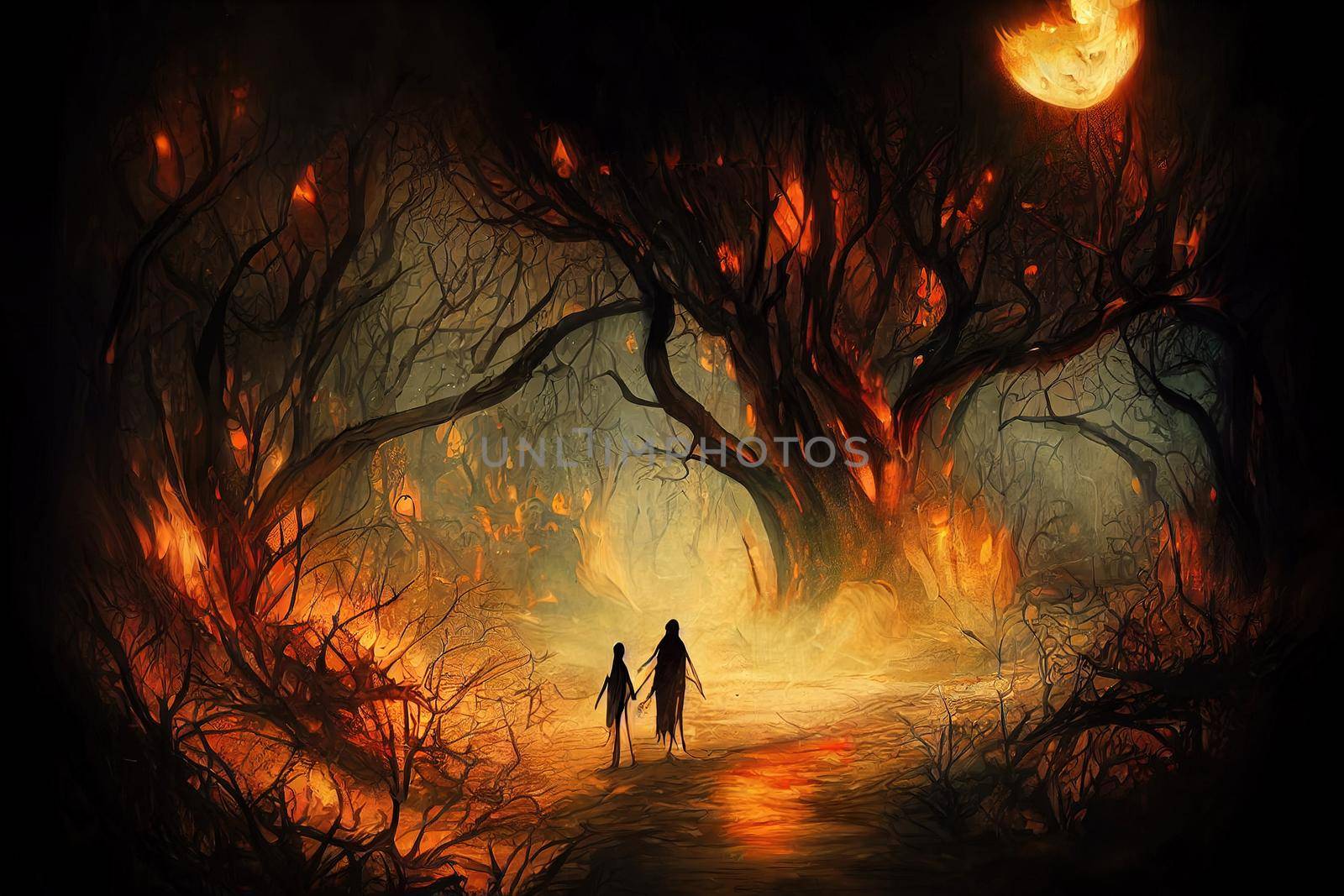 Fantasy Halloween Background, Beautiful dark deep forest backdrop with smoke, fire, vampire bats, Halloween magic holiday collage Art design, mysterious Frame, Copy space for your text, Wide screen 2d