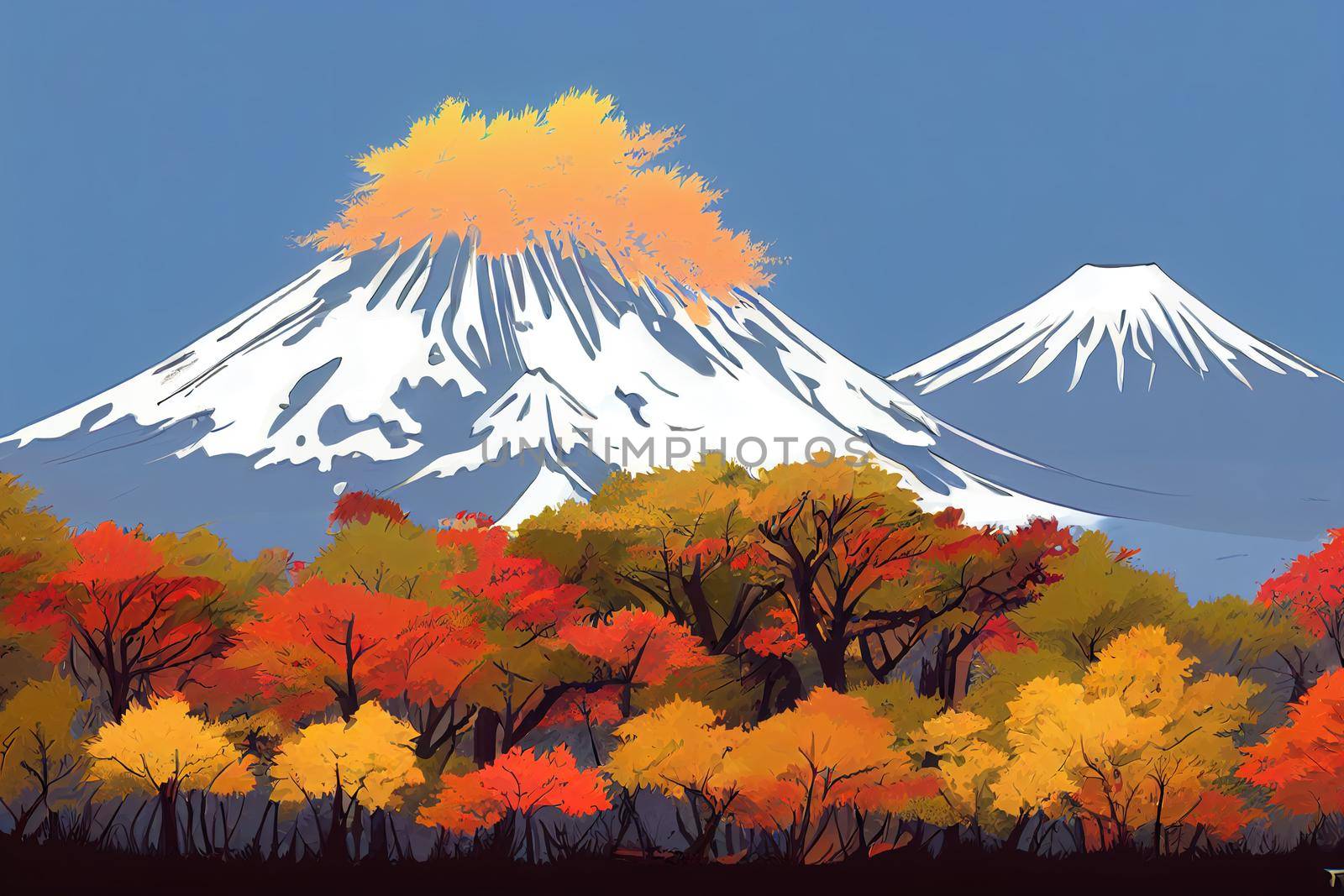 Mt, Fuji with fall colors in Japan, anime style, cartoon style toon style v2