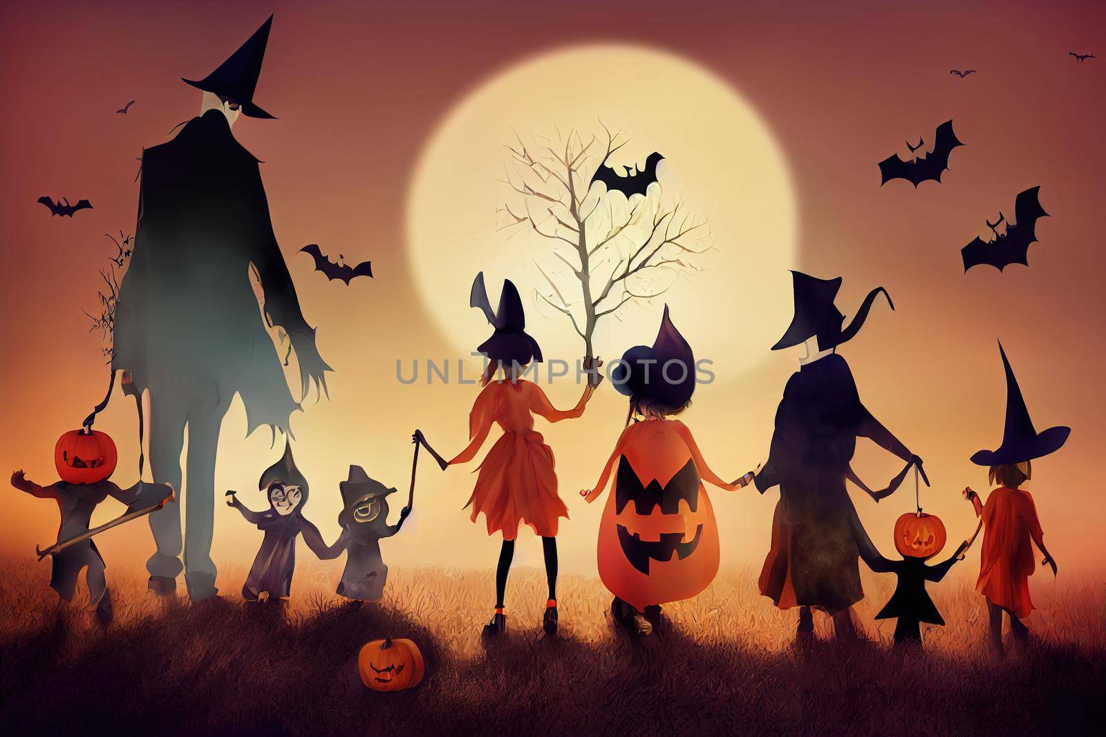 Family has fun in Halloween time ,toon style, anime style, cartoon style v2