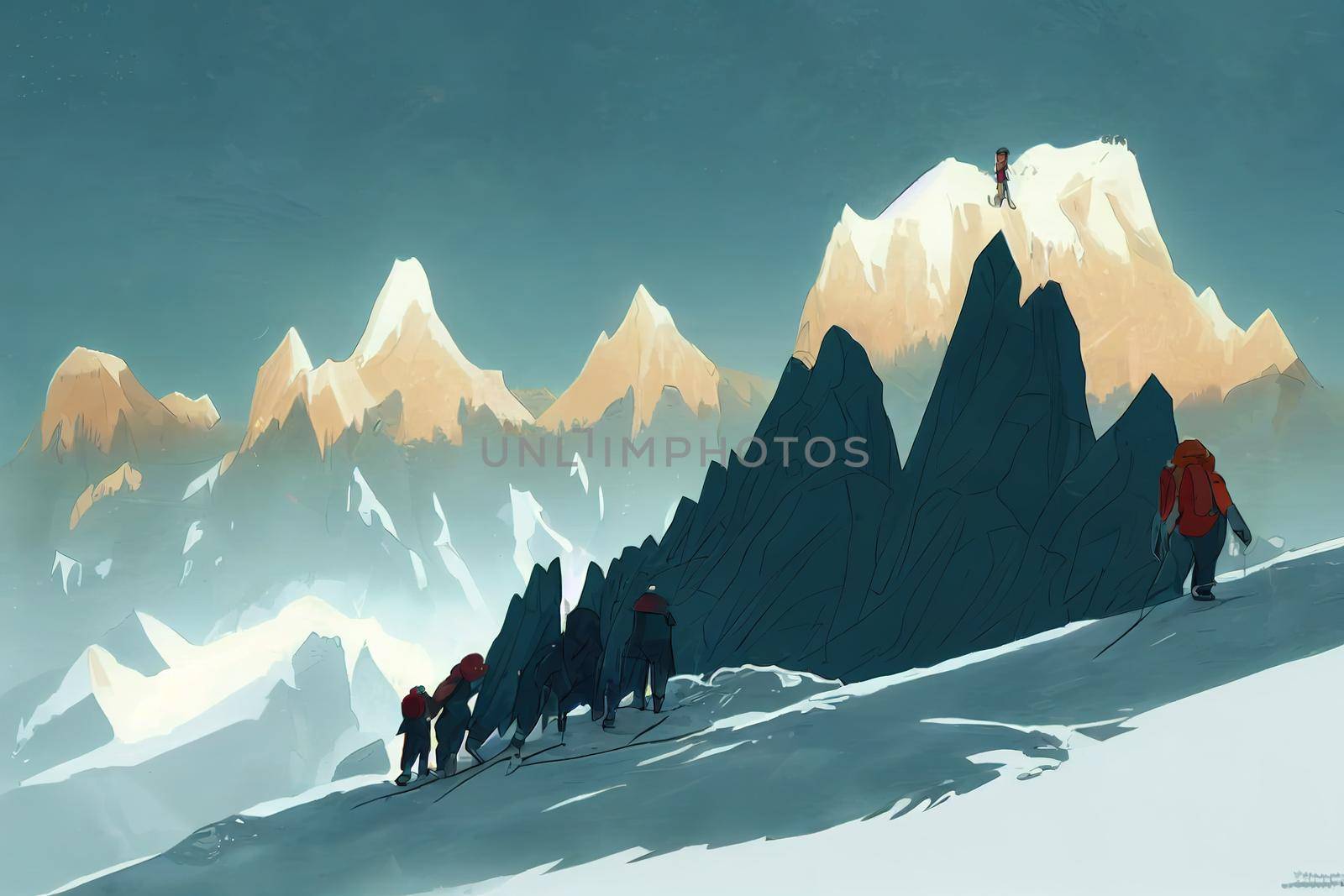 Mountaineers help each other to reach the summit anime style by 2ragon