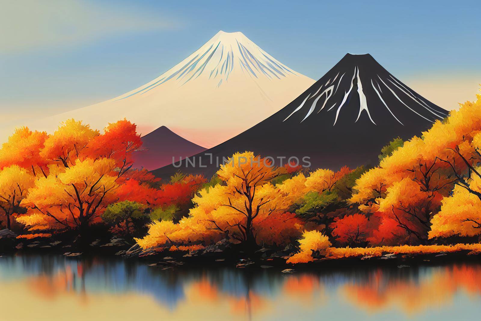 Mt, Fuji with fall colors in Japan, anime style, cartoon style toon style v3