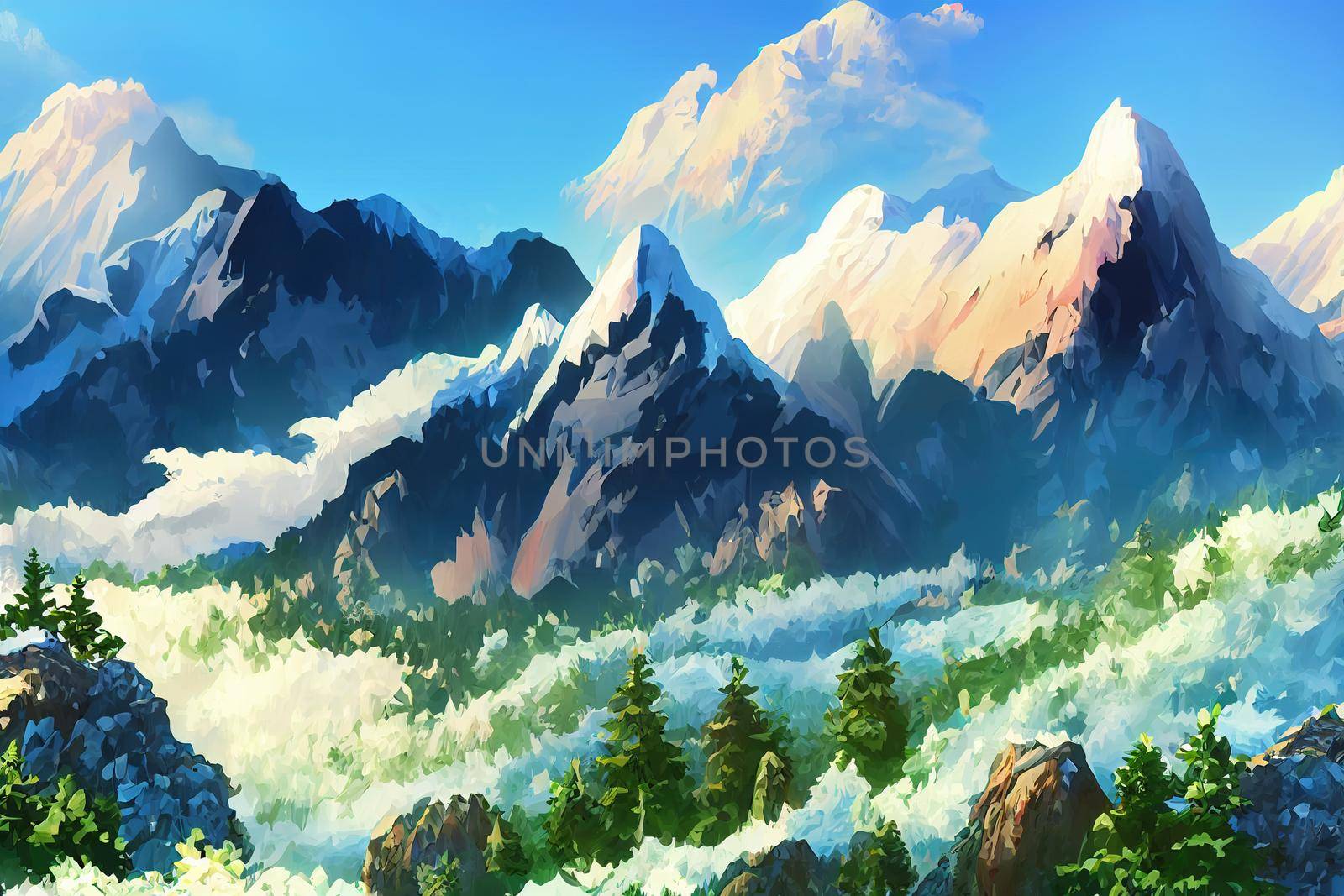 Picturesque mountain valley scenic view, Marvelous mountain range, Altai mountains, Belukha Mountain wall view, Akkem glacier anime style, cartoon style toon style v2