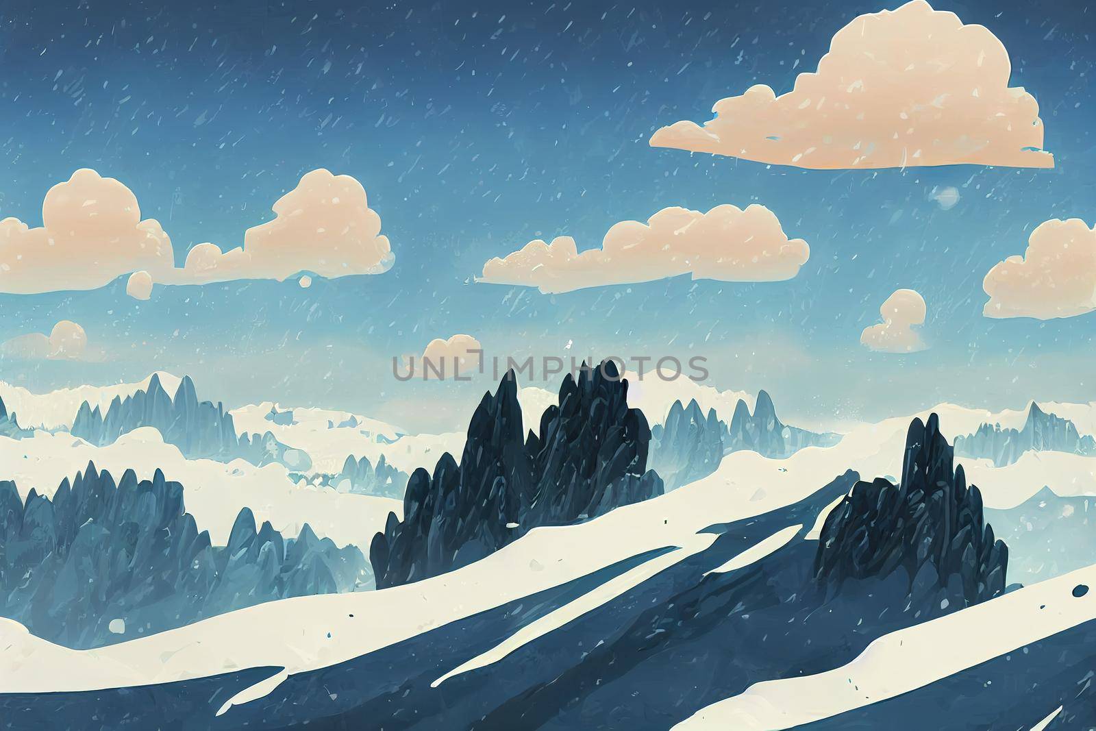 Panoramic snowy high mountains climb landscape with cloudy sky anime style, cartoon style toon style v2