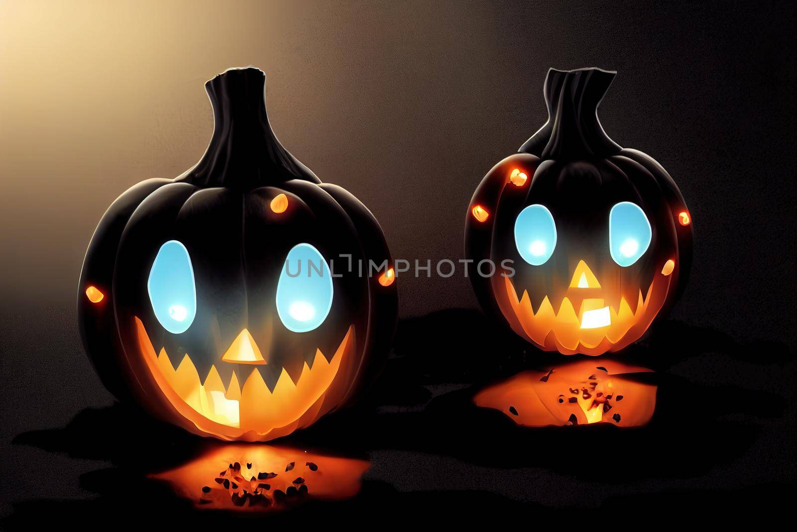 Glowing pumpkins levitate on a black background ,toon style v3