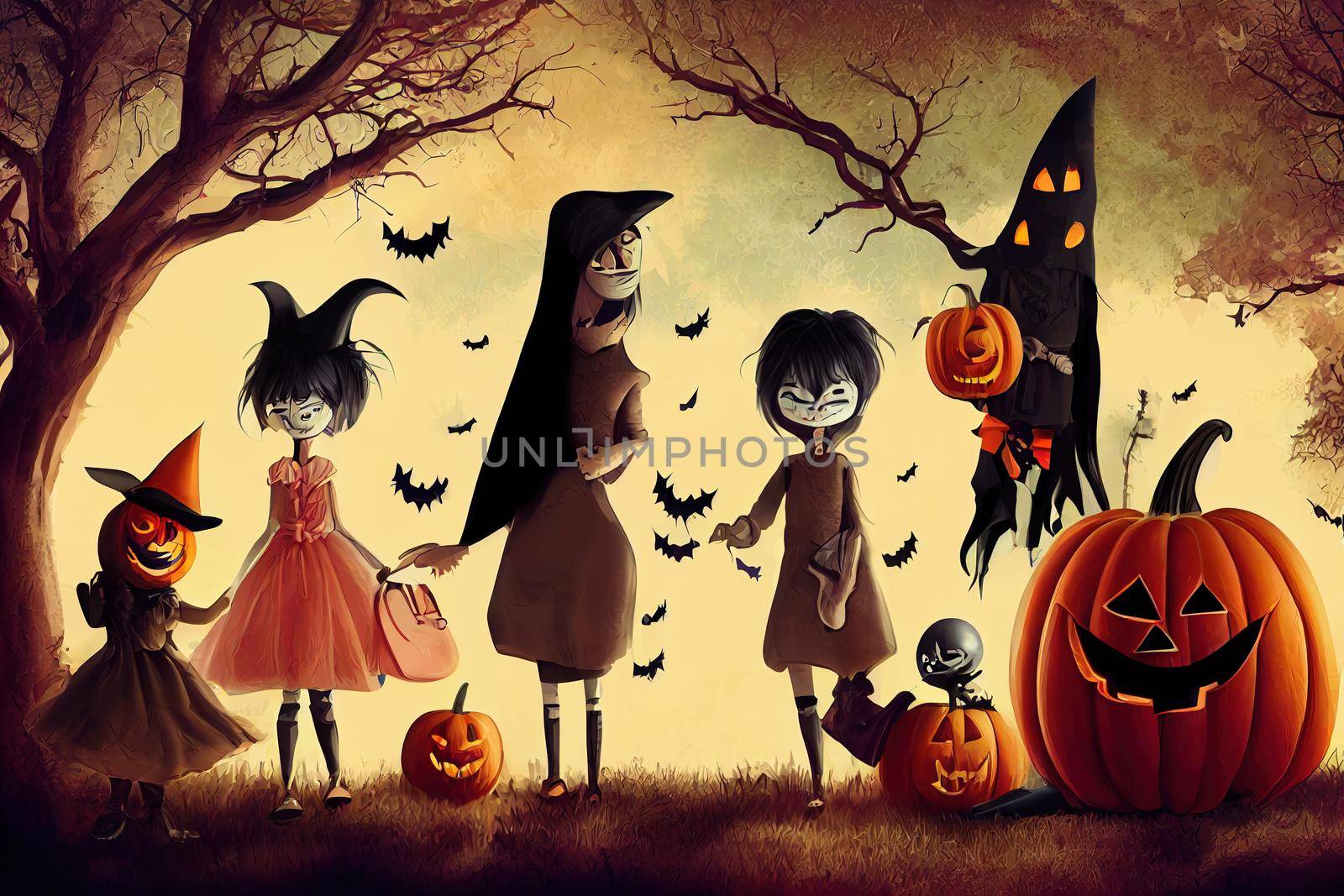 Family has fun in Halloween time ,toon style, anime style, cartoon style v1