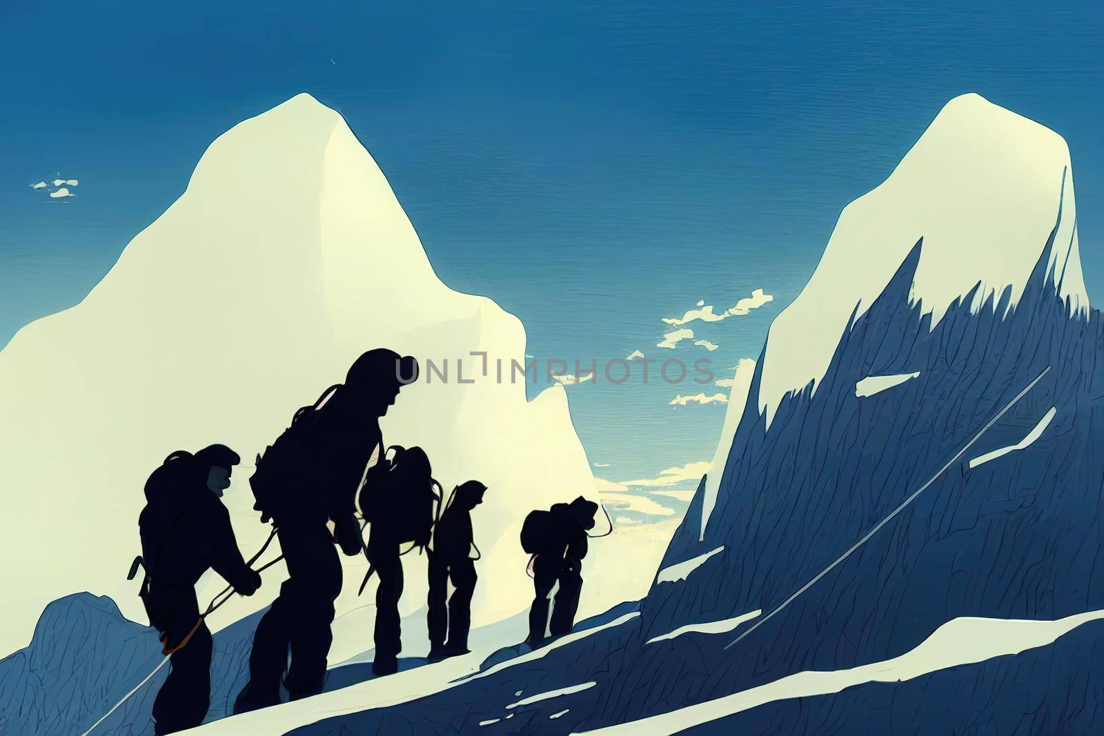 Mountaineers help each other to reach the summit anime style v2