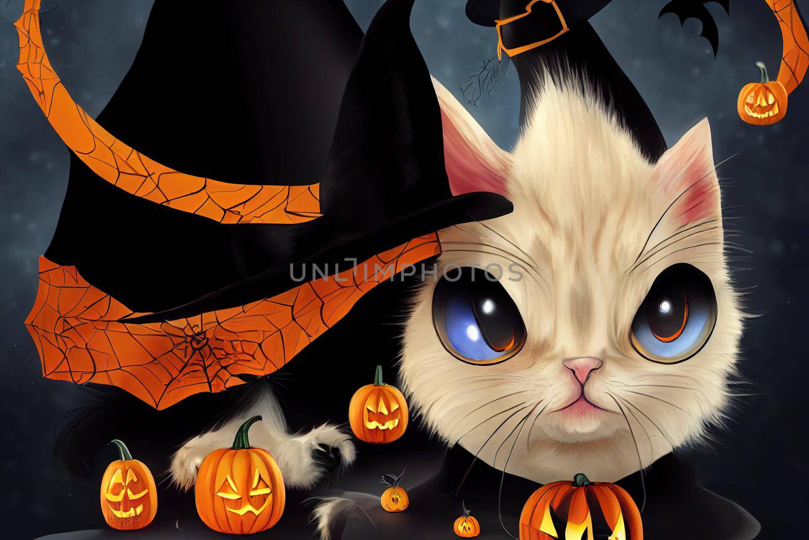 Funny Halloween Witch Themed Kitten ,toon style, anime style, cartoon style v1