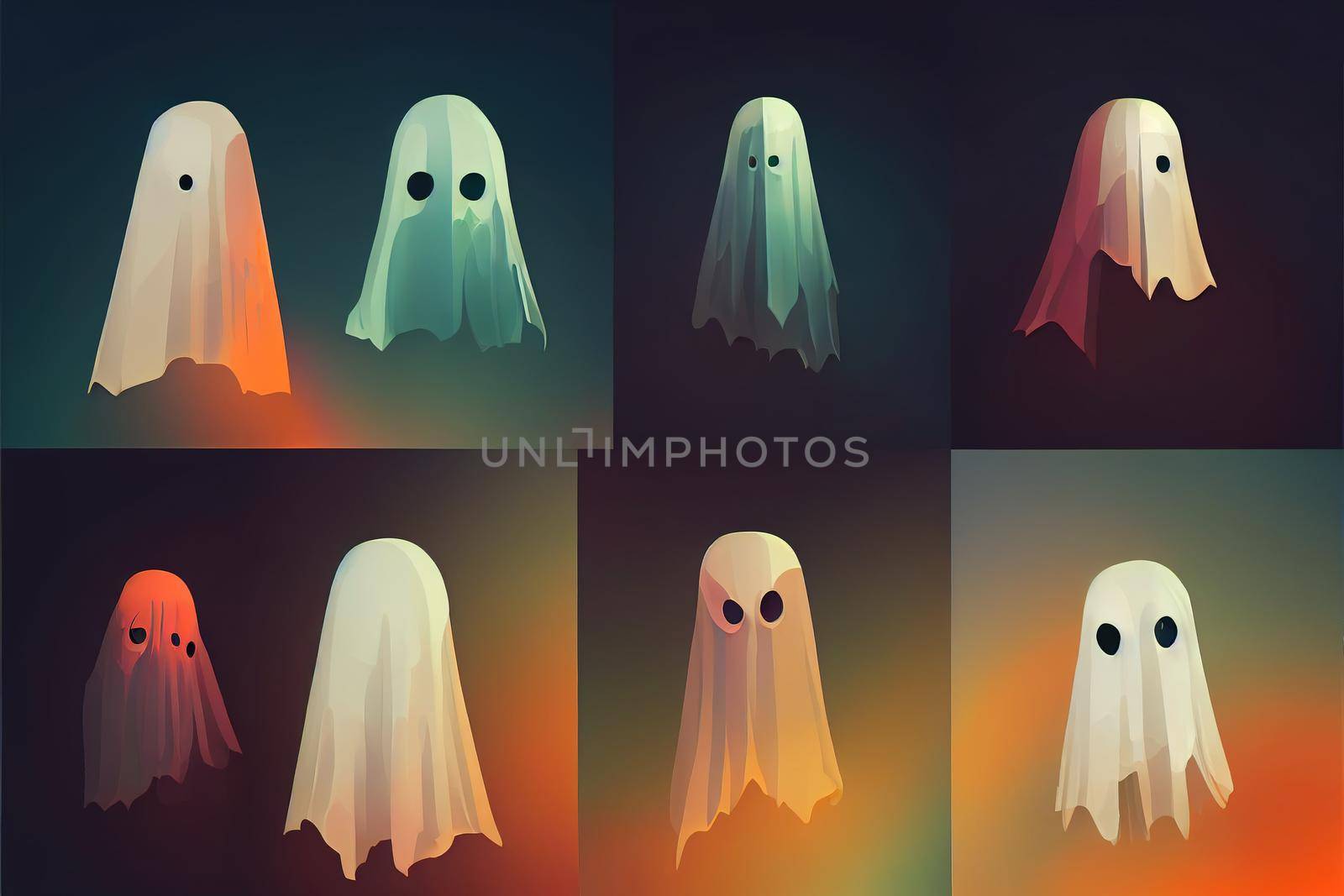 Ghost for Halloween, Set of multi-colored Ghosts with scary and evil emotions on their faces, Creative concept idea, Realistic 3d design, Traditional elements of decor for holiday v2