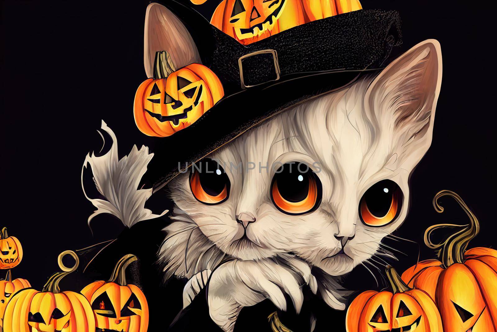 Funny Halloween Witch Themed Kitten ,toon style, anime style v3