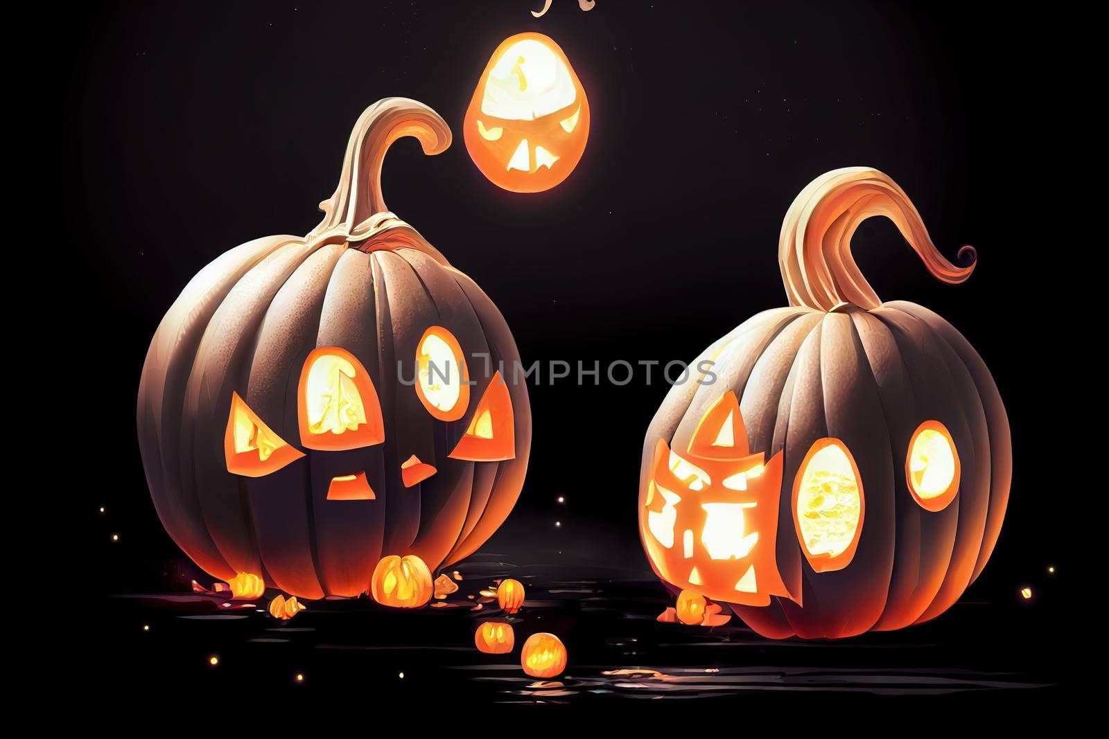 Glowing pumpkins levitate on a black background ,toon style v2