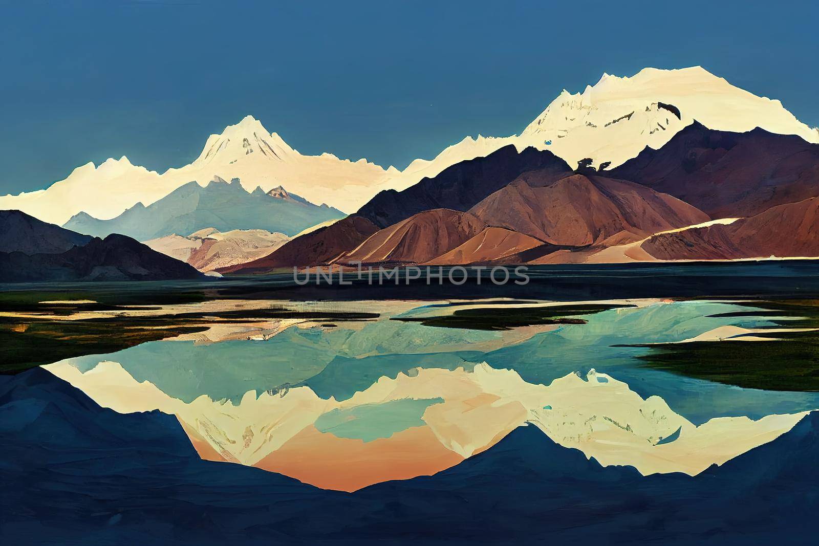 Leh, Ladakh, India-June 8 2017 Landscape with reflections of the mountains on the lake named Pagong Tso, situated on the border with India and China v1