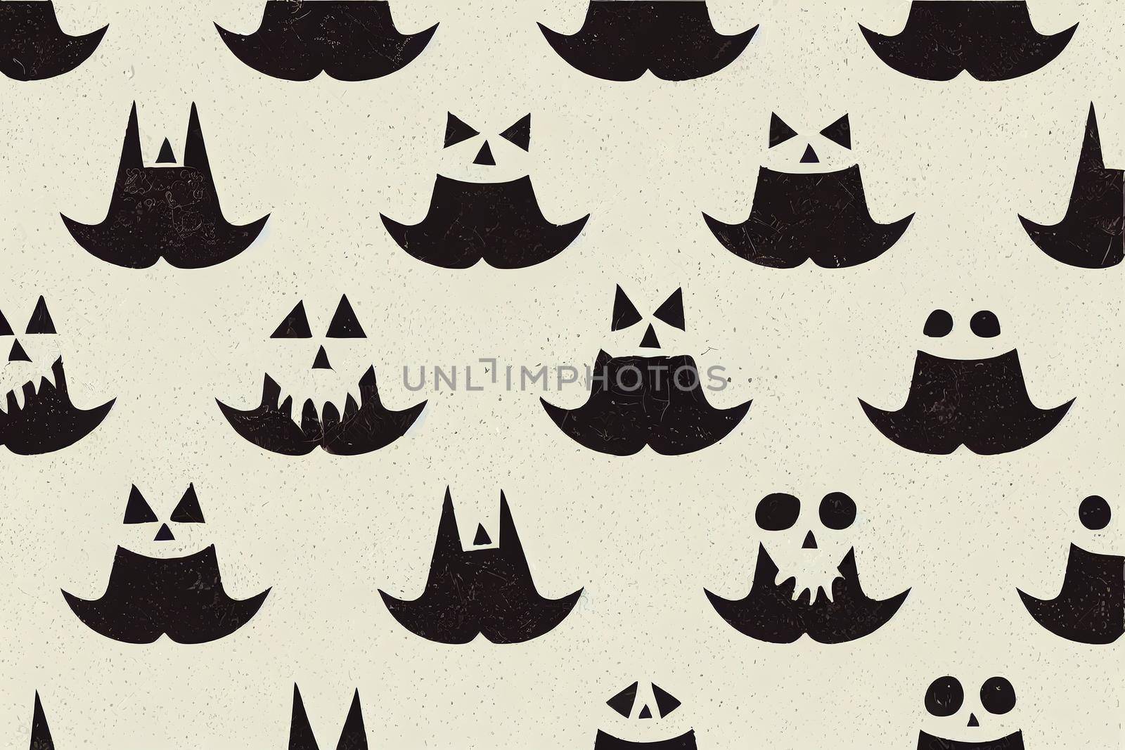 Ghosts, Pumpkins, candles, animal Skulls, Halloween concept, Cute cartoon spooky characters, Holiday Silhouettes, Hand drawn trendy illustration, Square seamless Pattern, background v3