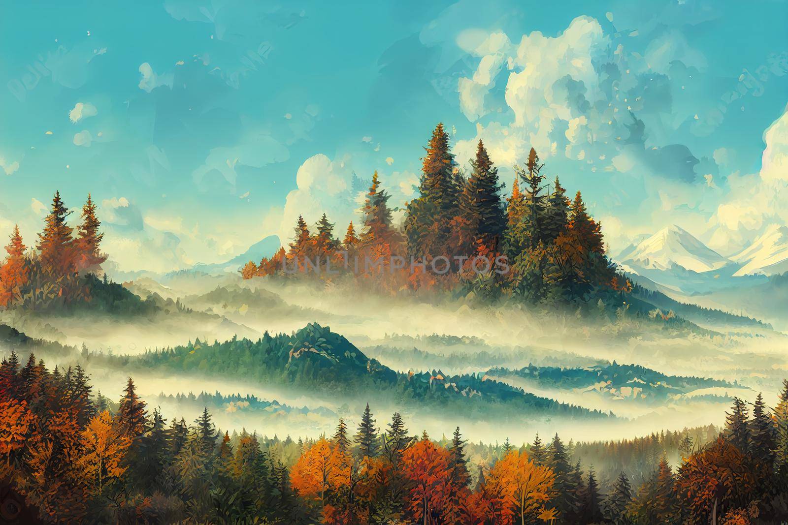 Majestic autumn mountain landscape, A wide panoramic landscape with the edge of a coniferous forest and mountains in a light fog, Altai Mountains v1