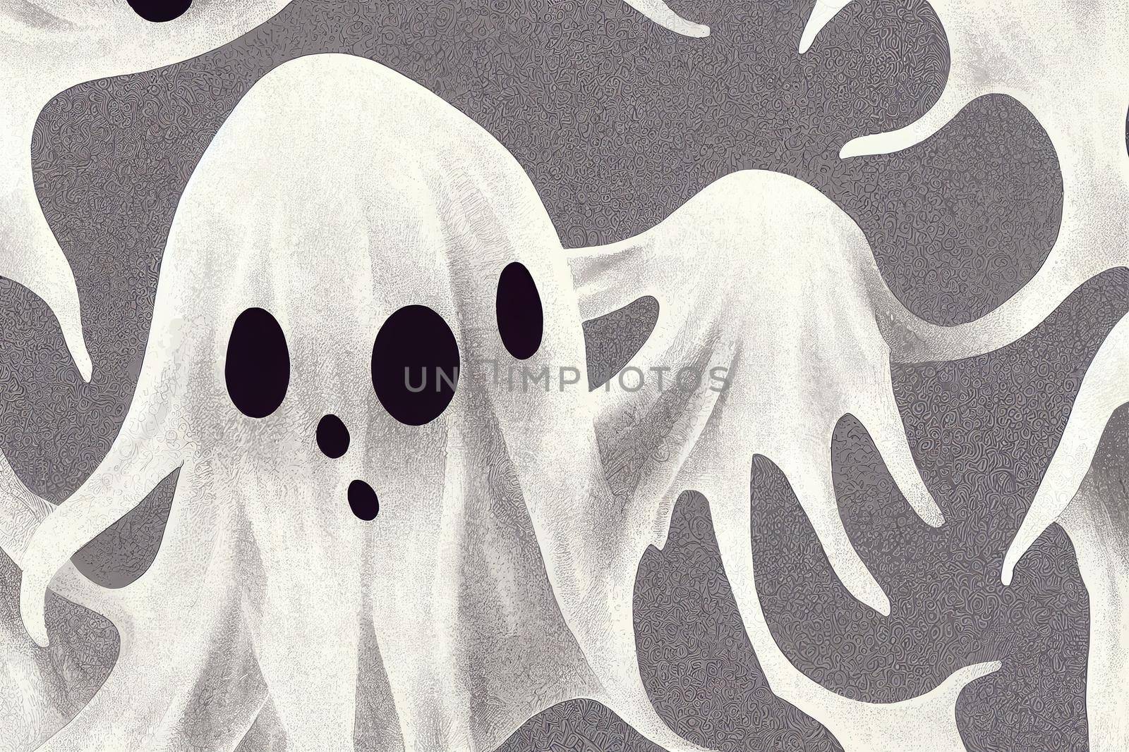 Fun hand drawn ghosts seamless pattern, cute and spooky Halloween background, great for textiles, wrapping, cloth, banners, wallpapers - raster design painting, illustration, drawing v2